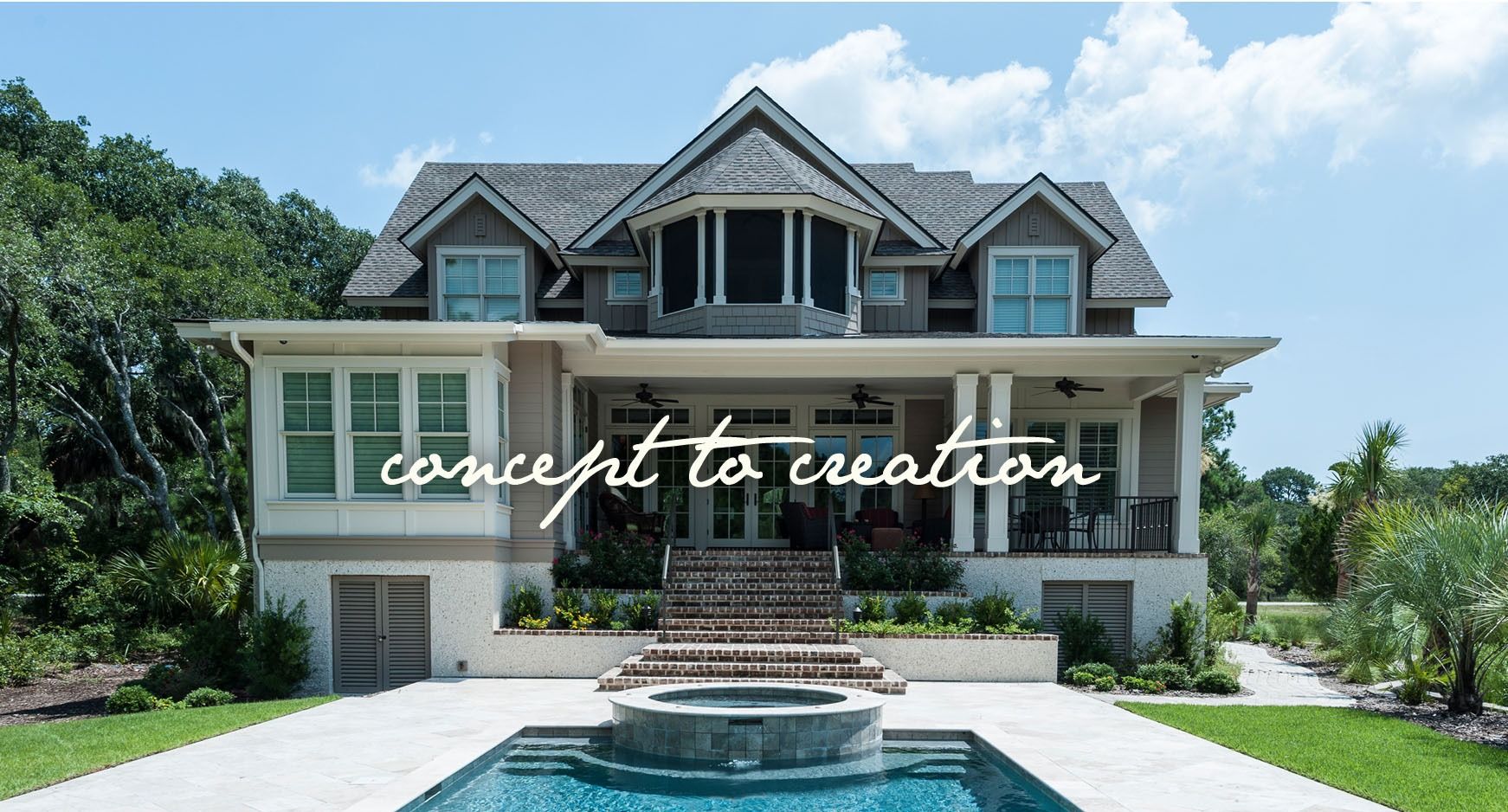 Custom Lowcountry home exterior with a screened porch and a rectangular pool.